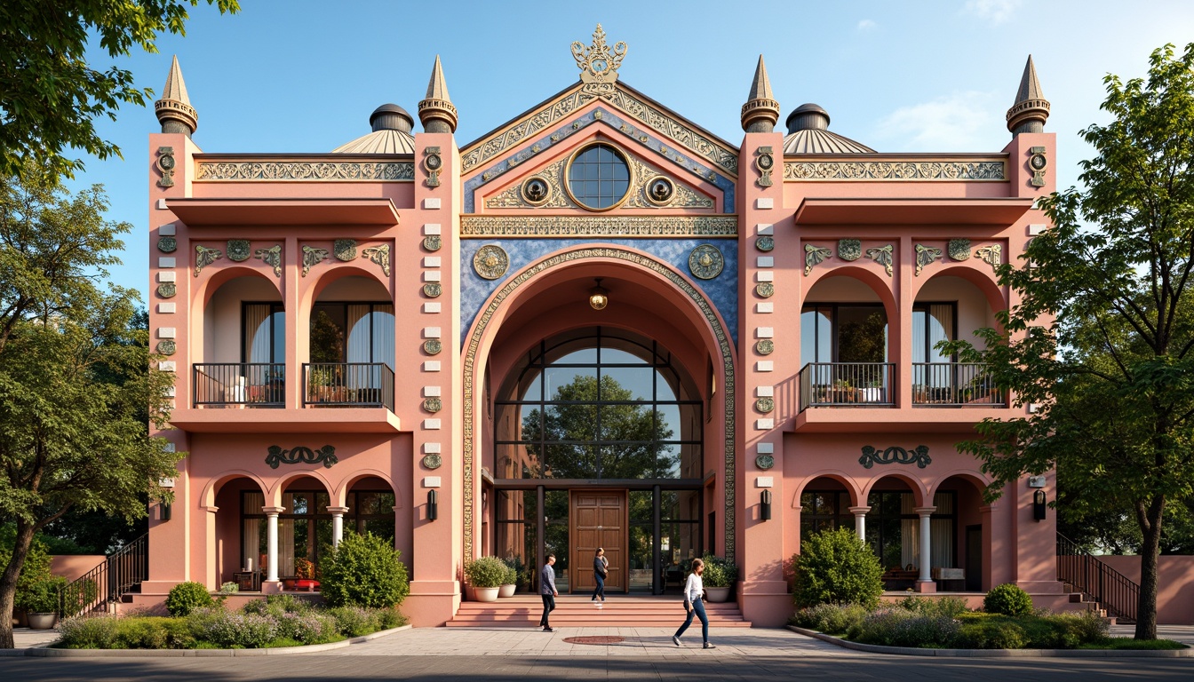 Prompt: Vibrant cultural center, eclectic facade design, ornate decorations, intricate patterns, mixed materials, bold color scheme, dynamic architecture, grand entrance, sweeping arches, decorative columns, ornamental railings, lush greenery, blooming flowers, sunny day, soft warm lighting, shallow depth of field, 3/4 composition, panoramic view, realistic textures, ambient occlusion.