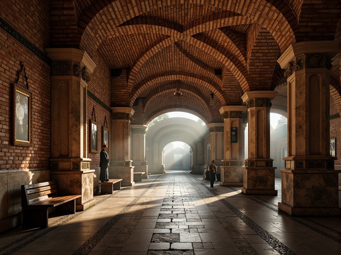 Prompt: Romanesque metro station, rustic stone walls, archaic vaulted ceilings, ornate brickwork, intricate carvings, grand entranceways, sturdy pillars, richly textured stonework, warm earthy tones, dramatic lighting effects, high-contrast shadows, atmospheric misting, cinematic 3/4 composition, symmetrical framing, realistic stone textures, ambient occlusion.