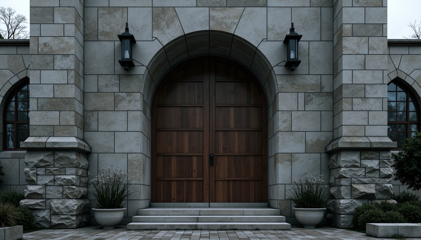 Prompt: Rugged church exterior, rough-hewn stone walls, brutalist fa\u00e7ade, fortress-like structure, heavy concrete columns, chunky aggregate textures, raw unfinished surfaces, dramatic angular lines, monumental entrance, oversized wooden doors, industrial-style lighting fixtures, cold harsh shadows, high contrast ratios, cinematic composition, symmetrical framing, atmospheric mist, mysterious ambient light.