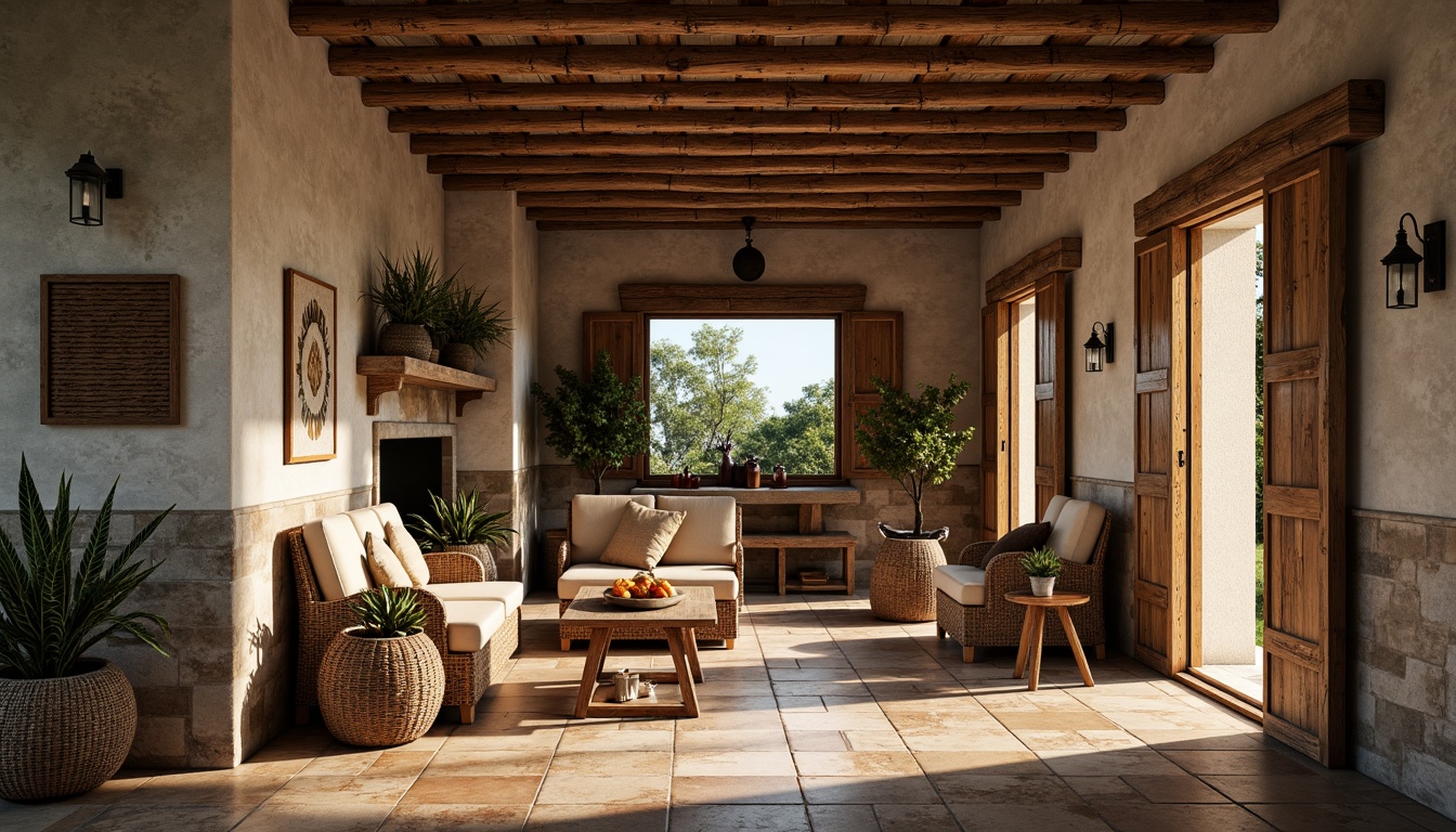 Prompt: Rough-hewn stone walls, rustic wooden accents, ornate metalwork details, glazed ceramic tiles, weathered copper roofing, distressed concrete finishes, natural fiber textiles, woven wicker furniture, earthy color palette, organic forms, irregular shapes, asymmetrical compositions, warm golden lighting, soft shadows, atmospheric perspective, 1/1 composition, realistic normal maps.