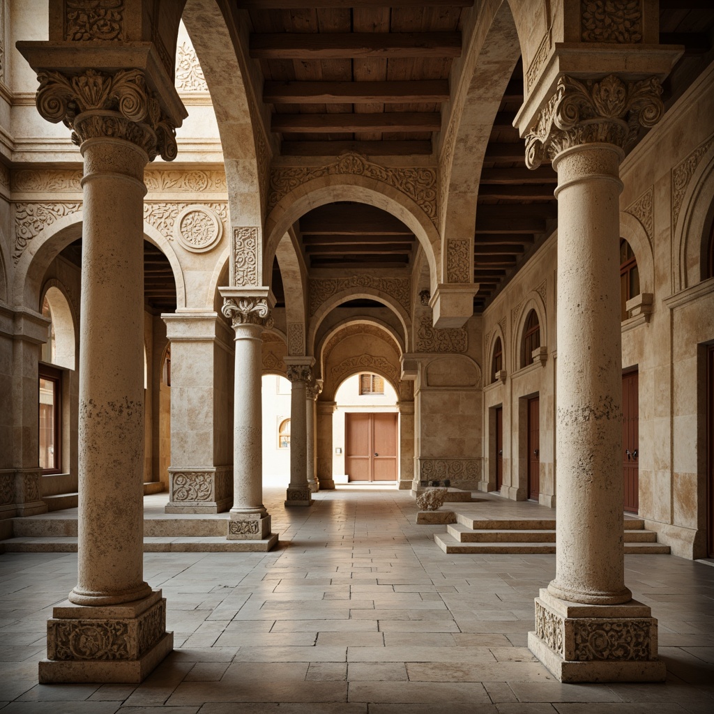 Prompt: Ancient stone columns, ornate capitals, rusticated bases, intricate carvings, floral patterns, curved lines, rounded arches, ornamental motifs, weathered stone textures, earthy color palette, soft warm lighting, shallow depth of field, 3/4 composition, panoramic view, realistic textures, ambient occlusion.