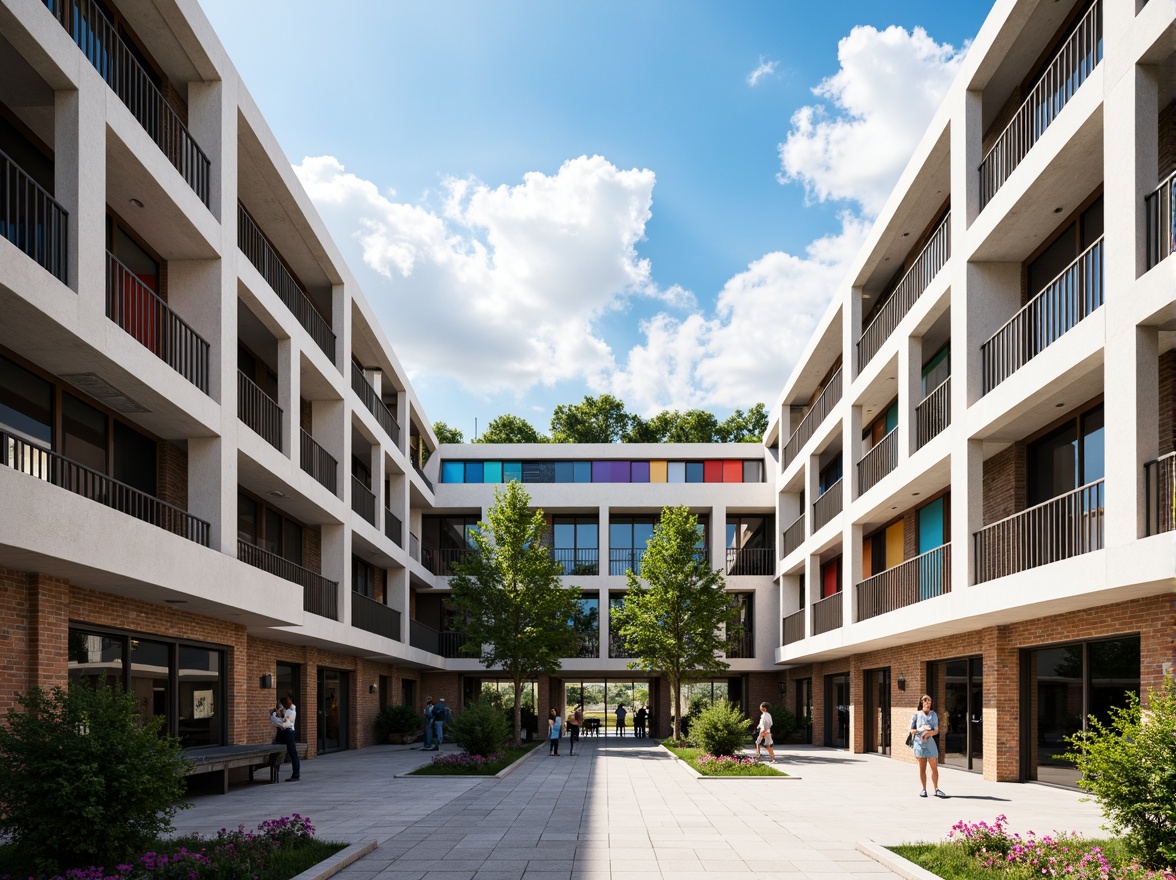 Prompt: Vibrant high school building, modernist architecture, cantilevered roofs, geometric patterned facades, colorful glazed tiles, sleek metal frames, minimalist entrance, spacious atrium, natural ventilation systems, abundant daylight, solar panels, green roofs, eco-friendly materials, bold typography signage, dynamic LED lighting, shallow depth of field, 1/2 composition, realistic textures, ambient occlusion.