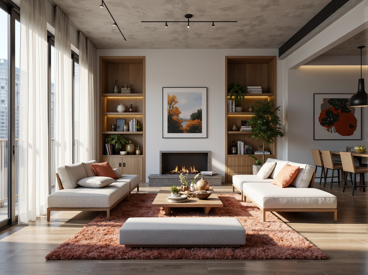 Prompt: Modern living room, sleek minimalism, neutral color palette, comfortable sofas, geometric coffee tables, floor-to-ceiling windows, natural light, sheer curtains, rustic wood accents, industrial metal lighting, functional shelving units, decorative wall art, cozy reading nooks, plush area rugs, vibrant accent pillows, warm ambient lighting, 3/4 composition, shallow depth of field, realistic textures.