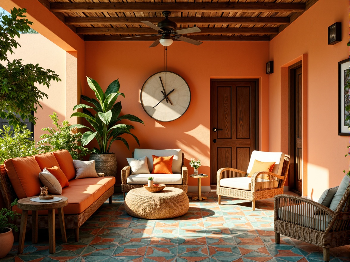 Prompt: Vibrant tangerine hues, warm golden lighting, playful citrus accents, bold orange tones, soft creamy whites, deep turquoise blues, lush green foliage, natural wood textures, woven wicker furniture, colorful Moroccan tiles, eclectic global patterns, whimsical bohemian decor, cozy intimate spaces, relaxed casual atmosphere, bright sunny day, shallow depth of field, 1/1 composition, realistic textures, ambient occlusion.