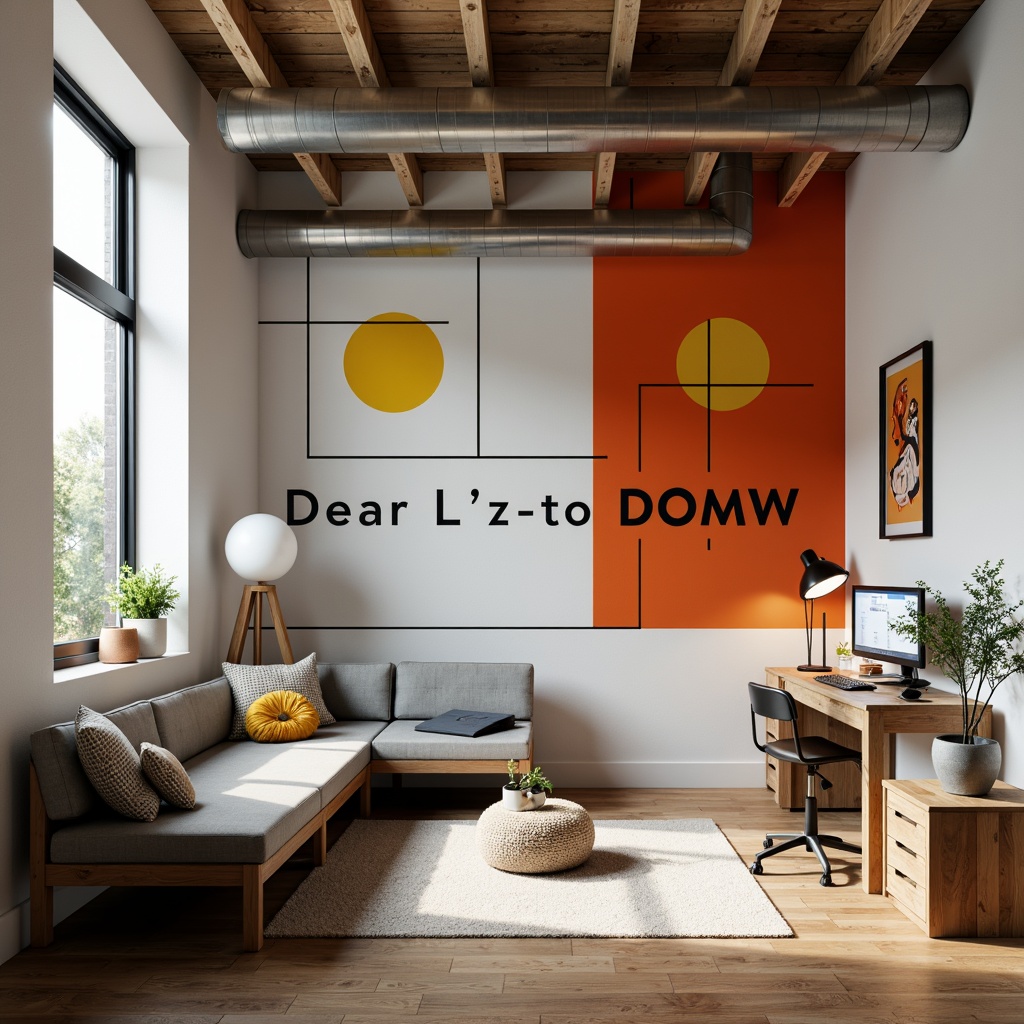 Prompt: Minimalist dorm room, geometric shapes, primary colors, industrial materials, metal pipes, wooden accents, functional furniture, angular lines, rectangular forms, circular motifs, bold typography, abstract artwork, monochromatic color scheme, softbox lighting, shallow depth of field, 1/1 composition, realistic textures, ambient occlusion.