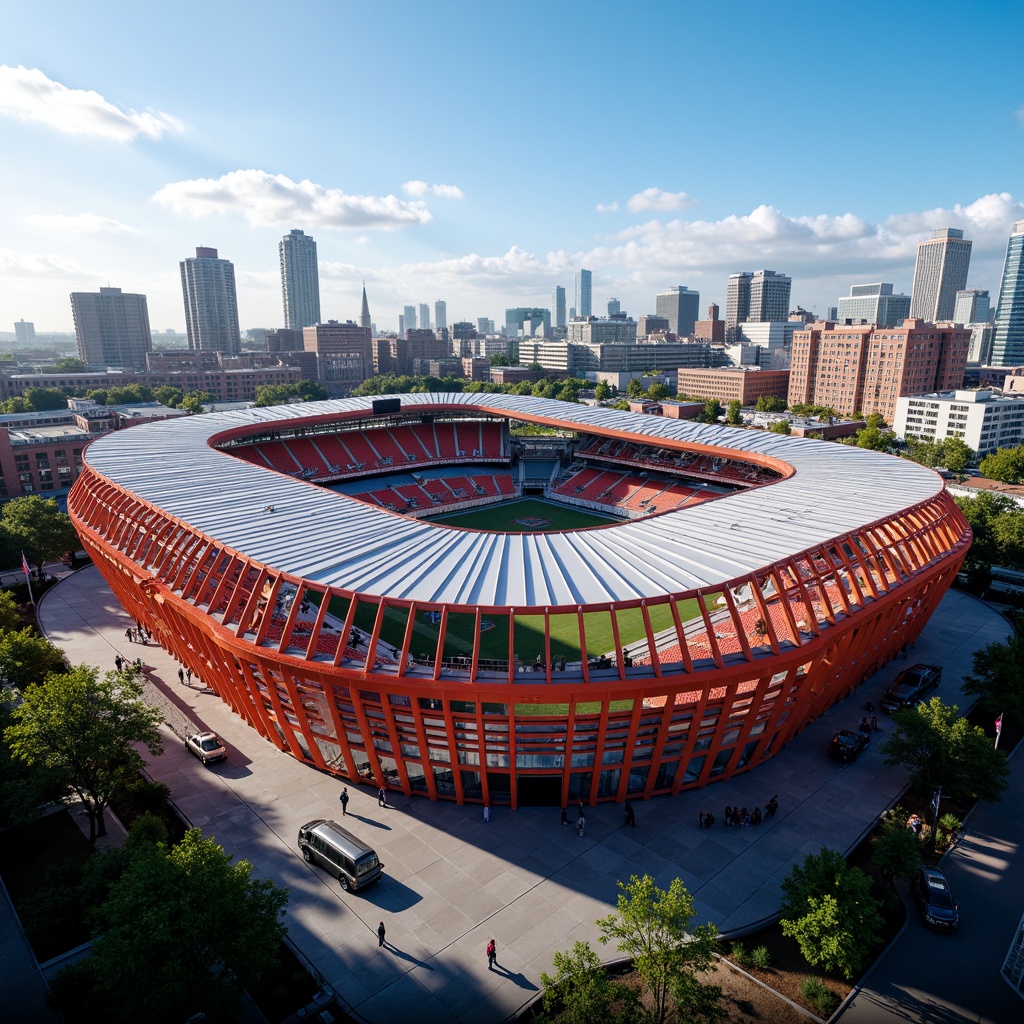 Prompt: Vibrant football stadium, curved exterior lines, dynamic LED lighting, massive steel structures, cantilevered roofs, angular glass facades, futuristic architectural style, bold color schemes, urban cityscape background, sunny afternoon atmosphere, dramatic shadow play, 3/4 composition, shallow depth of field, realistic textures, ambient occlusion.