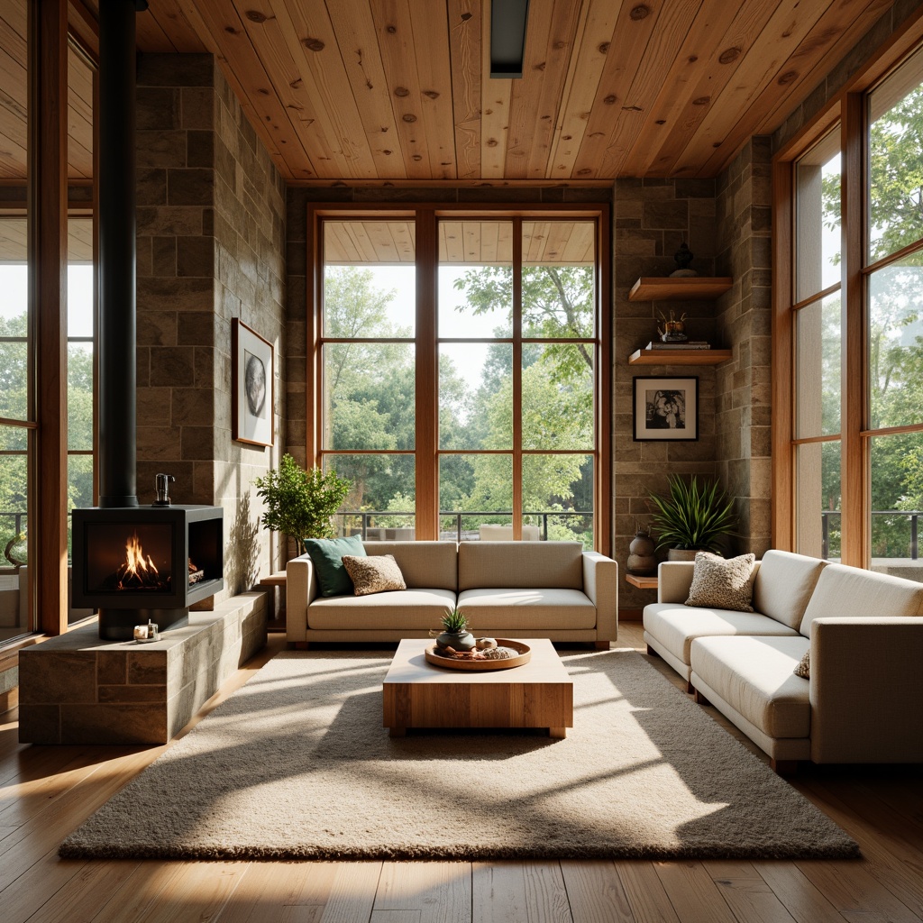 Prompt: Cozy living room, wooden flooring, plush carpets, natural stone walls, earthy color palette, modern minimalist furniture, large windows, soft diffused lighting, warm cozy atmosphere, 1/1 composition, shallow depth of field, realistic textures, ambient occlusion.