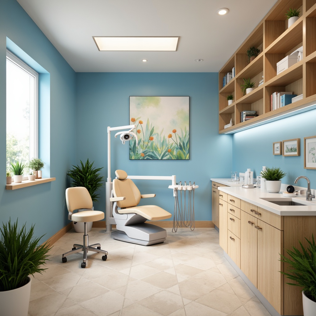 Prompt: Calming dental clinic, soothing blue walls, creamy white accents, warm beige flooring, comfortable patient chairs, gentle overhead lighting, natural wood cabinetry, serene greenery, calming art pieces, minimalist decor, modern dental equipment, stainless steel fixtures, spotless glass surfaces, soft pastel colors, relaxing ambiance, shallow depth of field, 1/2 composition, realistic textures, ambient occlusion.