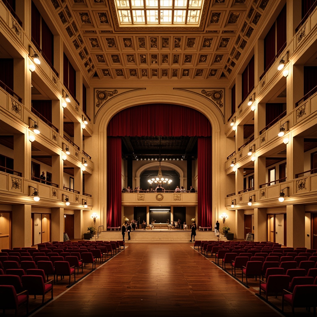 Prompt: Grand concert house, neoclassical facade, ornate details, columns and arches, rich wood tones, elegant balconies, intricate stonework, subtle lighting accents, grand entrance, sweeping staircases, refined auditorium, velvet curtains, polished wooden floors, ornamental plaster ceilings, academic style architecture, symmetrical composition, warm golden lighting, shallow depth of field, 1/2 composition, realistic textures, ambient occlusion.