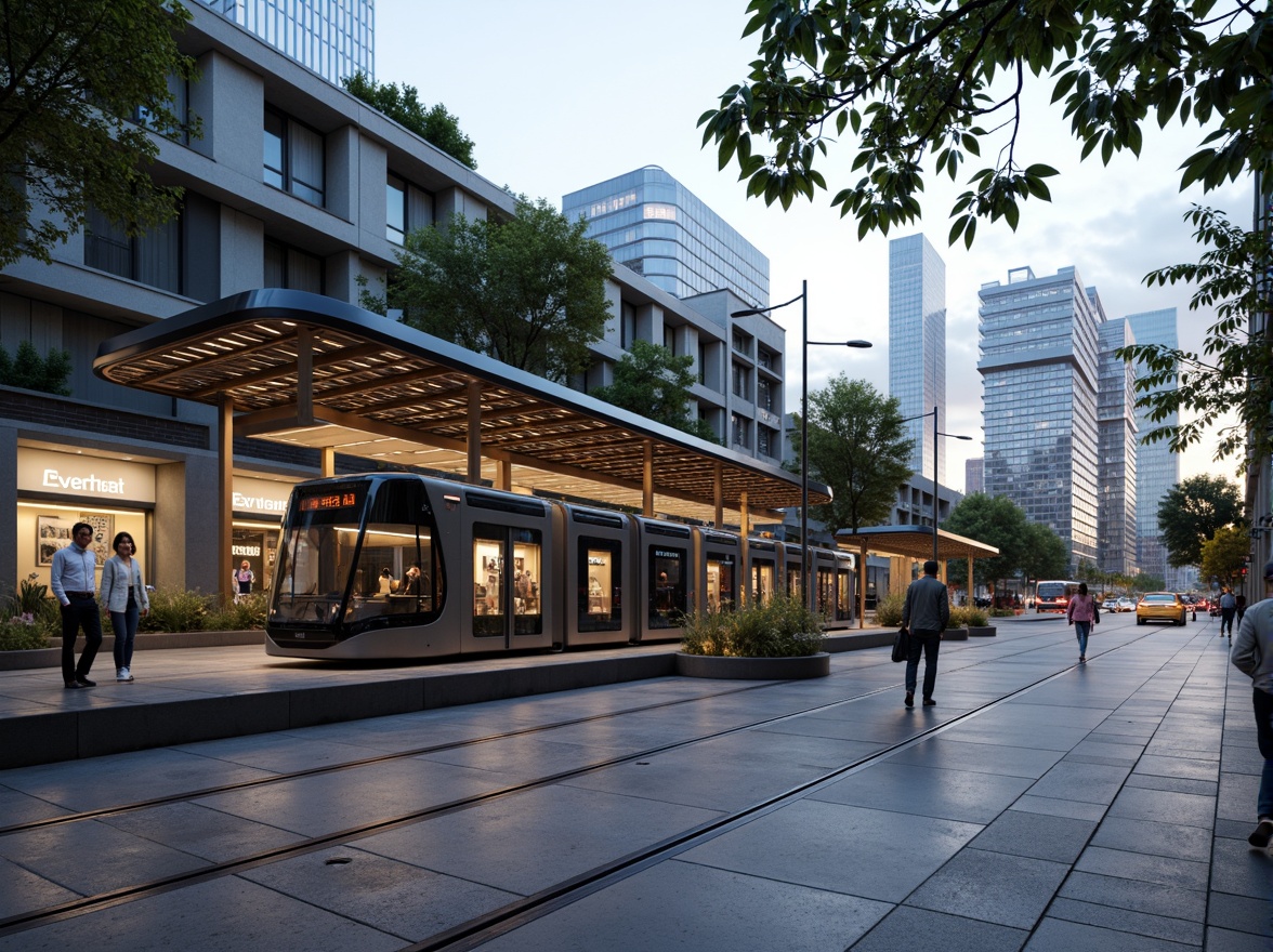 Prompt: Futuristic tram station, sleek metal fa\u00e7ade, dynamic LED light installations, undulating rooflines, cantilevered canopies, transparent glass walls, minimalist signage, modern urban surroundings, bustling city streets, morning rush hour, soft natural lighting, shallow depth of field, 1/2 composition, wide-angle lens, realistic reflections, ambient occlusion.