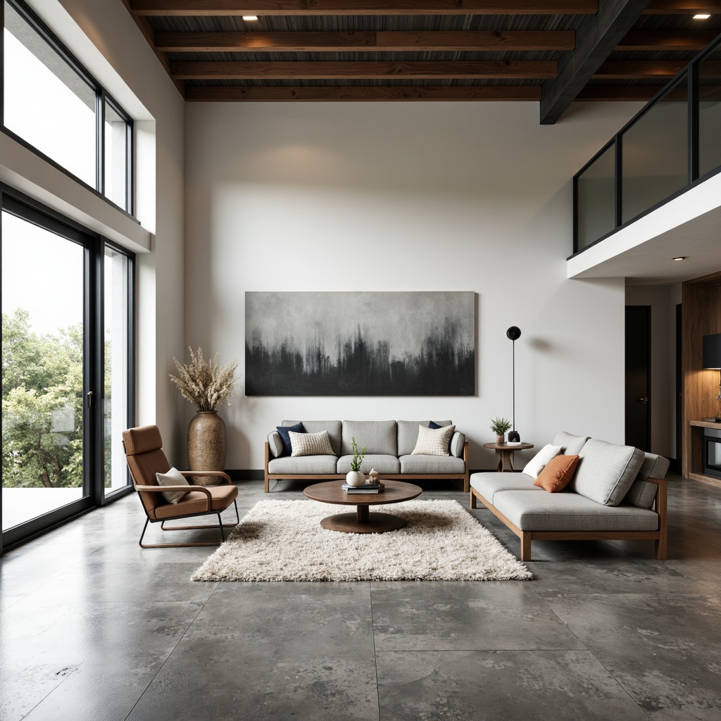 Prompt: Minimalist living room, sleek low-profile furniture, neutral color palette, polished concrete floors, floor-to-ceiling windows, natural light pouring in, industrial-chic metal beams, modern abstract artwork, cozy reading nook, plush area rug, ambient warm lighting, shallow depth of field, 3/4 composition, realistic textures, open-plan layout, functional zones, multipurpose furniture, hidden storage solutions, smart home automation systems, eco-friendly materials, sustainable design practices.