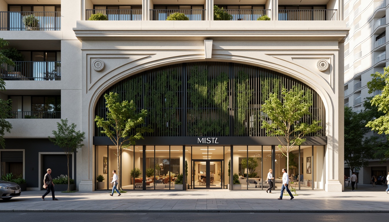 Prompt: Elegant building facade, ornate details, subtle curvature, neutral color palette, large glass windows, minimalist metal frames, vertical green walls, modern urban context, busy street scene, afternoon sunlight, soft warm glow, shallow depth of field, 1/2 composition, realistic reflections, ambient occlusion.