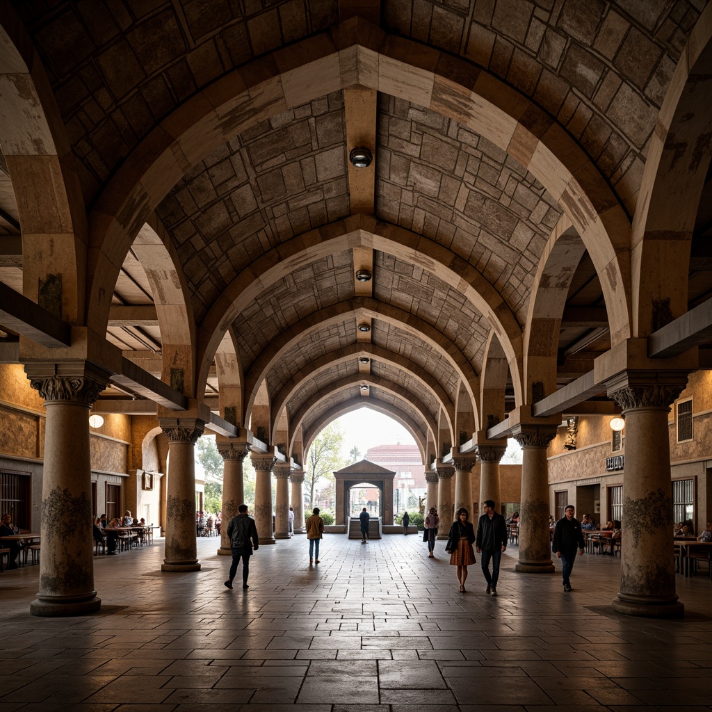 Prompt: Rustic metro station, arched ceilings, ornate columns, patterned masonry walls, earthy tones, warm lighting, grand entrance halls, high- vaulted roofs, ribbed domes, intricate stone carvings, medieval-inspired architecture, robust stonework, weathered granite, rough-hewn textures, atmospheric misting, dramatic shadows, 1/1 composition, symmetrical framing, warm color palette, realistic stone rendering.