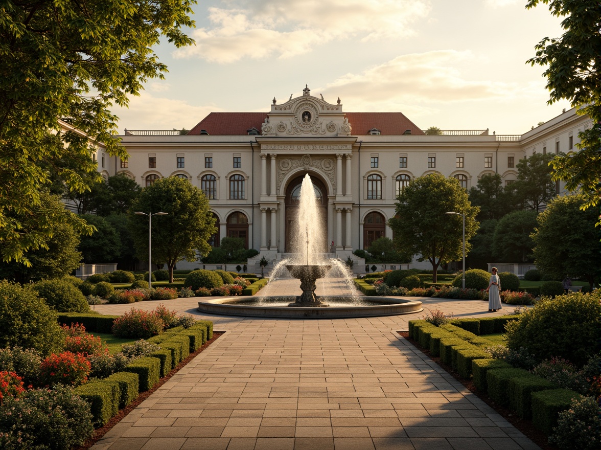 Prompt: Ornate baroque palace, grandiose fountain showpiece, lush greenery, intricately manicured hedges, vibrant flowers, ornamental statues, meandering stone pathways, dramatic lighting effects, warm golden hour, soft focus, 3/4 composition, symmetrical balance, realistic textures, ambient occlusion.