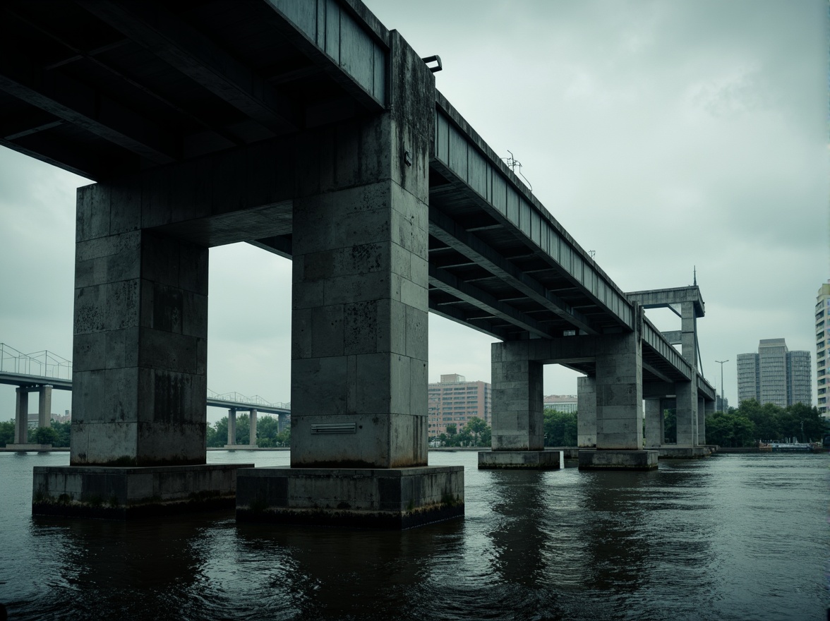 Prompt: Rugged bridge structure, brutalist architecture, exposed concrete columns, robust steel beams, industrial textures, urban landscape, gloomy weather, dramatic lighting, high contrast shadows, strong geometric forms, fortress-like appearance, raw unfinished surfaces, monumental scale, complex structural systems, reinforced materials, poured-in-place concrete, cantilevered sections, asymmetrical composition, atmospheric perspective, cinematic mood, intense chiaroscuro.