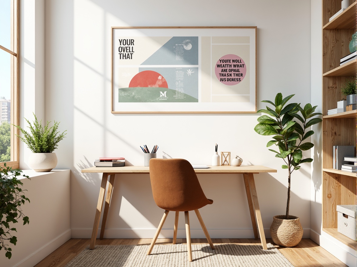 Prompt: Vibrant design studio, modern minimalist desk, ergonomic chair, colorful pens, inspirational quotes, natural wood accents, creamy white walls, bold typography, geometric patterns, monochromatic color scheme, pastel hues, soft gradient effects, subtle texture overlays, atmospheric lighting, shallow depth of field, 1/2 composition, realistic renderings, ambient occlusion.