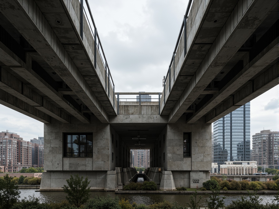 Prompt: Rugged bridge structure, brutalist architecture, raw concrete surfaces, exposed ductwork, industrial materials, functional design, urban cityscape, gray cloudy sky, dramatic lighting, low-angle shot, 1/2 composition, realistic textures, ambient occlusion, weathered steel beams, rough-hewn stone walls, geometric patterns, bold structural elements, futuristic infrastructure, innovative engineering solutions.