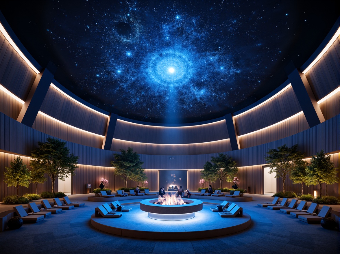 Prompt: Galactic planetarium, futuristic architecture, dome-shaped structure, dark blue-gray exterior, sleek metal panels, LED strip lighting, ambient glow, celestial-inspired interior design, starry night sky projections, 360-degree panoramic views, surround sound systems, comfortable reclined seating, minimalist decor, subtle color accents, soft warm lighting, gradient transitions, atmospheric fog effects, dramatic beam lighting, high-contrast ratios, deep shadows, cinematic ambiance, realistic textures, advanced projection technology.