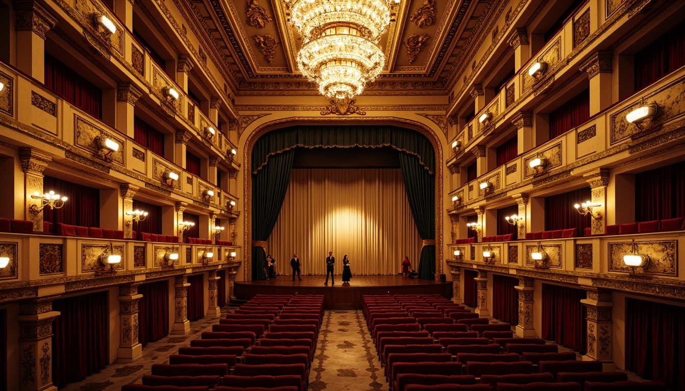 Prompt: Luxurious opera house, ornate Baroque architecture, grandiose chandeliers, velvet curtains, intricately carved wooden details, polished marble floors, richly textured upholstery, metallic accents, lavish crystal decorations, opulent gold leafing, dramatic stage lighting, warm golden glow, shallow depth of field, 1/1 composition, realistic reflections, ambient occlusion.