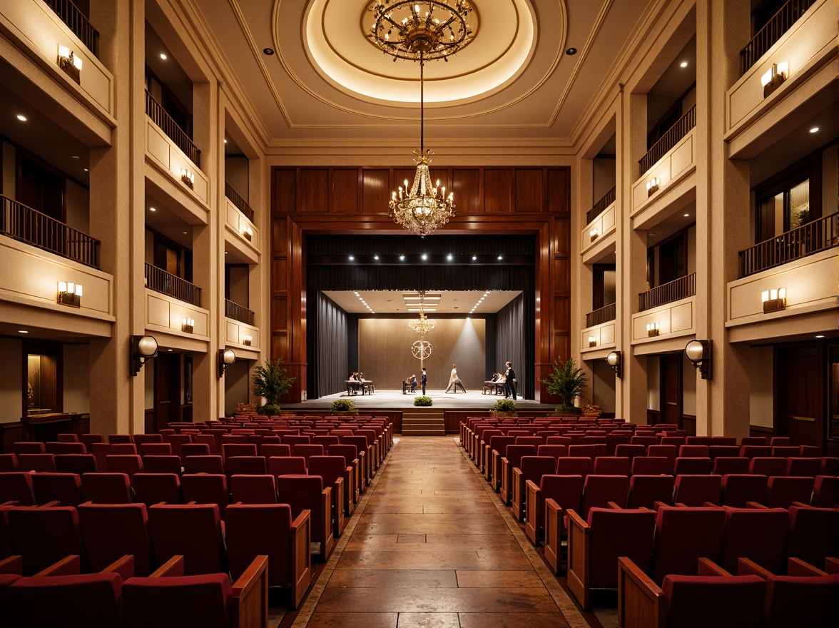 Prompt: Elegant concert hall, rich wood tones, warm beige walls, dark brown wooden floors, golden brass fixtures, soft cream-colored ceilings, ornate chandeliers, plush red velvet seats, intimate stage settings, dramatic spotlights, subtle gradient lighting, 1/2 composition, symmetrical architecture, neoclassical details, refined textures, ambient occlusion.