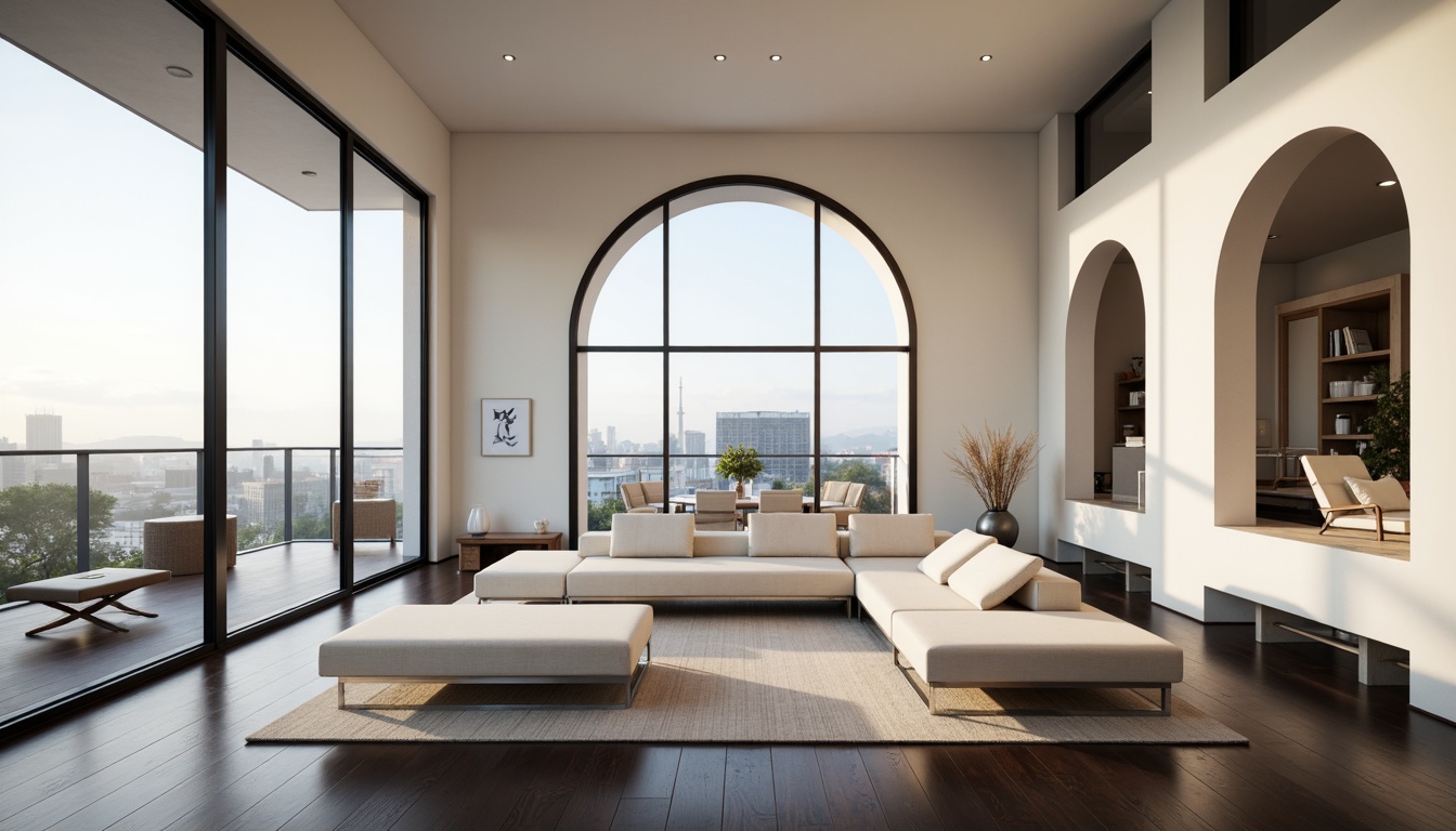 Prompt: Minimalist living room, sleek low-profile furniture, polished chrome accents, creamy white walls, dark hardwood floors, floor-to-ceiling windows, sliding glass doors, panoramic city views, soft diffused lighting, cozy reading nooks, built-in shelving units, hidden storage compartments, curved lines, asymmetrical compositions, 2-point perspective, atmospheric rendering, detailed textures, subtle material reflections.