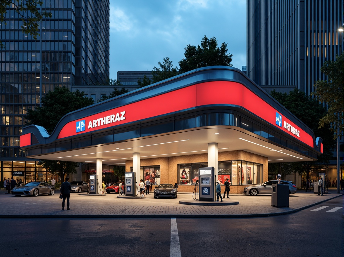 Prompt: Retro-futuristic gas station, curved lines, geometric shapes, primary color scheme, industrial materials, exposed steel beams, polished chrome accents, concrete floors, glass brick walls, minimalist signage, bold typography, functional design, efficient layout, vintage car displays, neon lighting, urban cityscape, busy streets, evening atmosphere, softbox lighting, 1/2 composition, symmetrical framing, high contrast ratio.