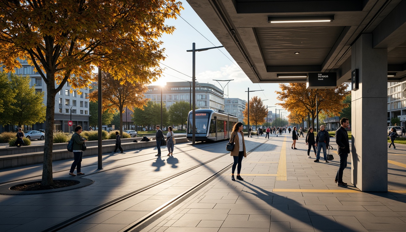 Prompt: Accessible tram station, gentle ramps, wide elevators, Braille signage, audio announcements, tactile flooring, ample wheelchair spaces, comfortable seating areas, clear wayfinding signs, high-contrast visual displays, hearing induction loops, accessible ticketing machines, spacious platforms, natural lighting, modern architecture, easy navigation, convenient pedestrian paths, surrounding urban landscape, bustling city atmosphere, soft warm lighting, shallow depth of field, 3/4 composition, panoramic view.