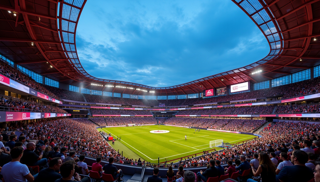 Prompt: Vibrant football stadium, dynamic curved lines, futuristic architecture, sleek metal fa\u00e7ades, LED light installations, bold color schemes, angular geometric patterns, modern materials, cantilevered roofs, open-air concourses, atmospheric evening lighting, shallow depth of field, 1/2 composition, panoramic view, realistic textures, ambient occlusion, enthusiastic crowd atmosphere, iconic team logos, dynamic digital displays.