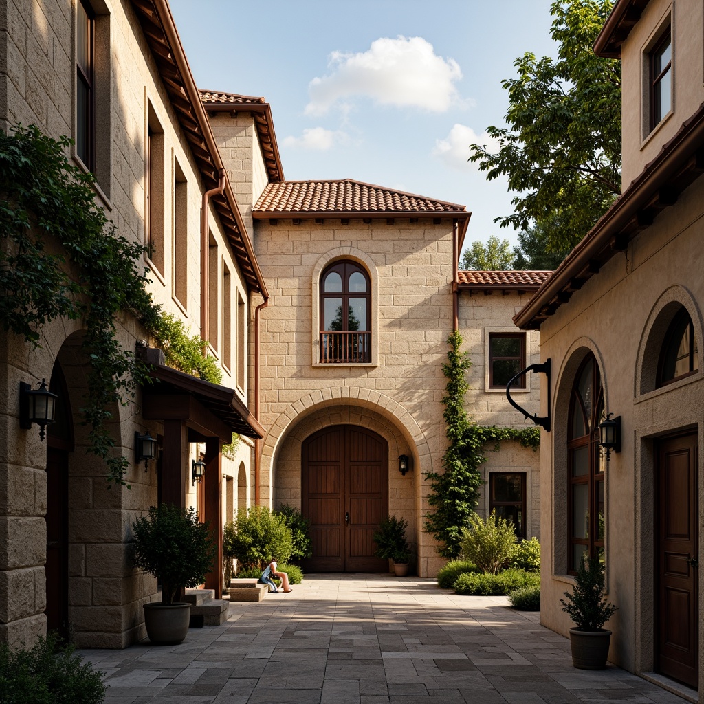 Prompt: Romanesque style buildings, rustic stone walls, arched windows, grand entranceways, ornate doorways, curved rooflines, terracotta rooftiles, verdant ivy vines, aged copper gutters, weathered stone facades, medieval-inspired architecture, dramatic skyward orientation, warm golden lighting, high contrast shadows, 1/2 composition, atmospheric perspective, detailed stonework textures, ambient occlusion.