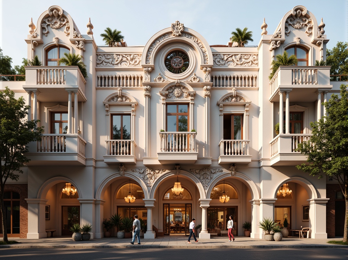 Prompt: Grandiose building facade, ornate decorations, lavish carvings, Baroque-inspired details, soft pastel colors, whimsical stonework, delicate ironwork, intricate balconies, flowing curves, romantic arches, grand entranceways, opulent chandeliers, warm golden lighting, misty morning atmosphere, shallow depth of field, 1/2 composition, symmetrical framing, realistic textures, ambient occlusion.