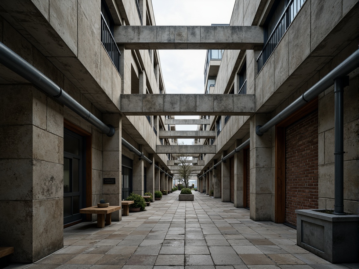 Prompt: Brutalist concrete structures, rugged stone textures, metallic accents, industrial pipes, raw wood elements, abstract geometric forms, angular lines, brutalist architecture, monumental scales, dramatic lighting, high-contrast shadows, cinematic atmosphere, 3/4 composition, low-angle shots, realistic renderings, ambient occlusion, intricate structural details.