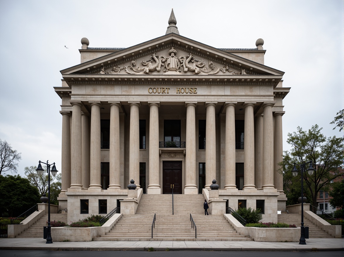 Prompt: Grandiose courthouse facade, classical architectural style, symmetrical composition, ornate stone carvings, Corinthian columns, sweeping arches, grand entrance staircase, bronze door handles, intricate moldings, subtle color palette, limestone walls, granite foundation, majestic clock tower, solemn atmosphere, overcast sky, soft natural lighting, shallow depth of field, 2/3 composition, realistic textures, ambient occlusion.