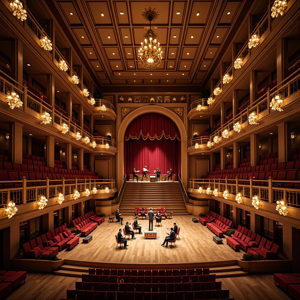 Prompt: Elegant concert hall, rich wood tones, polished wooden floors, ornate balconies, velvet curtains, golden accents, luxurious seating, intricate stonework, grand staircases, sweeping archways, opulent chandeliers, warm ambient lighting, shallow depth of field, 3/4 composition, panoramic view, realistic textures, ambient occlusion.