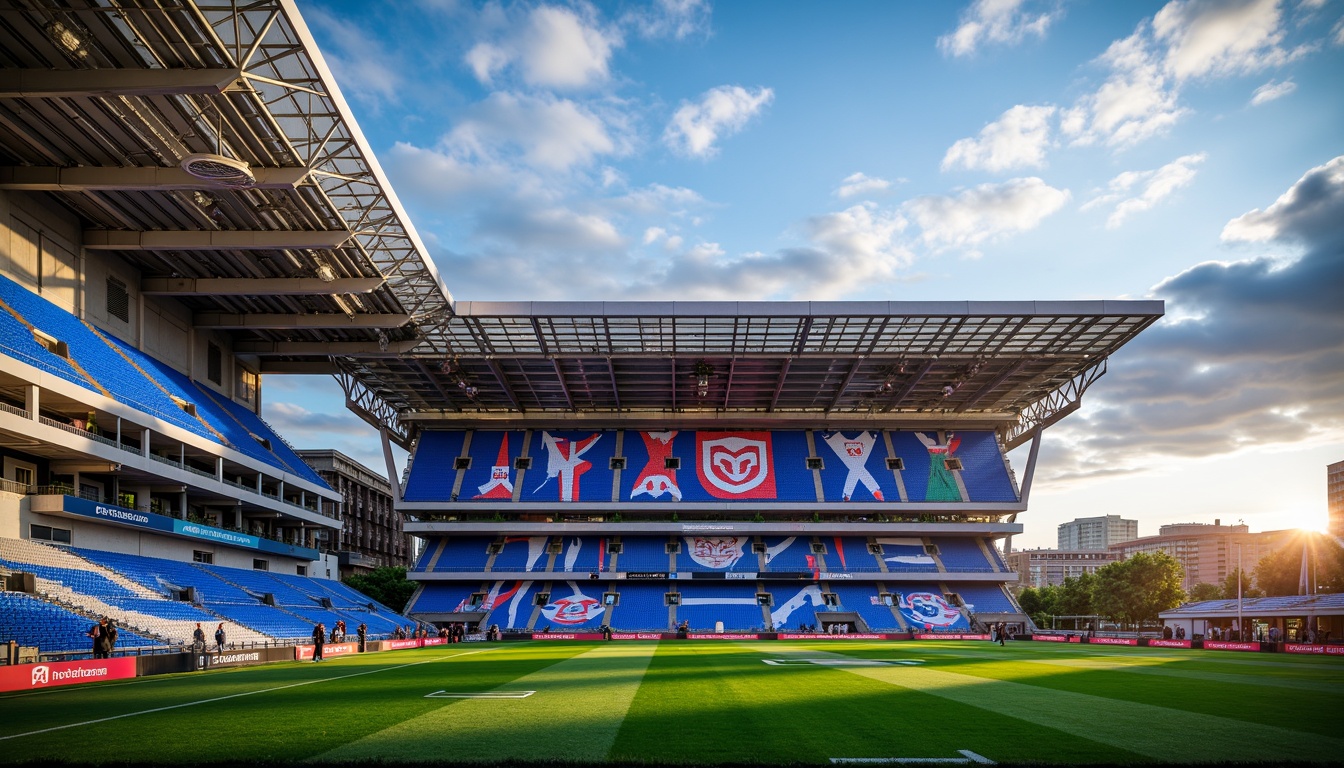 Prompt: Vibrant football stadium, angular structuralist fa\u00e7ade, cantilevered rooflines, exposed steel beams, reinforced concrete columns, dynamic curved shapes, futuristic LED lighting, sleek metallic cladding, bold geometric patterns, abstract artistic murals, urban cityscape backdrop, sunny afternoon, dramatic cloud formations, 1/2 composition, low-angle shot, cinematic lens flare, realistic atmospheric effects.