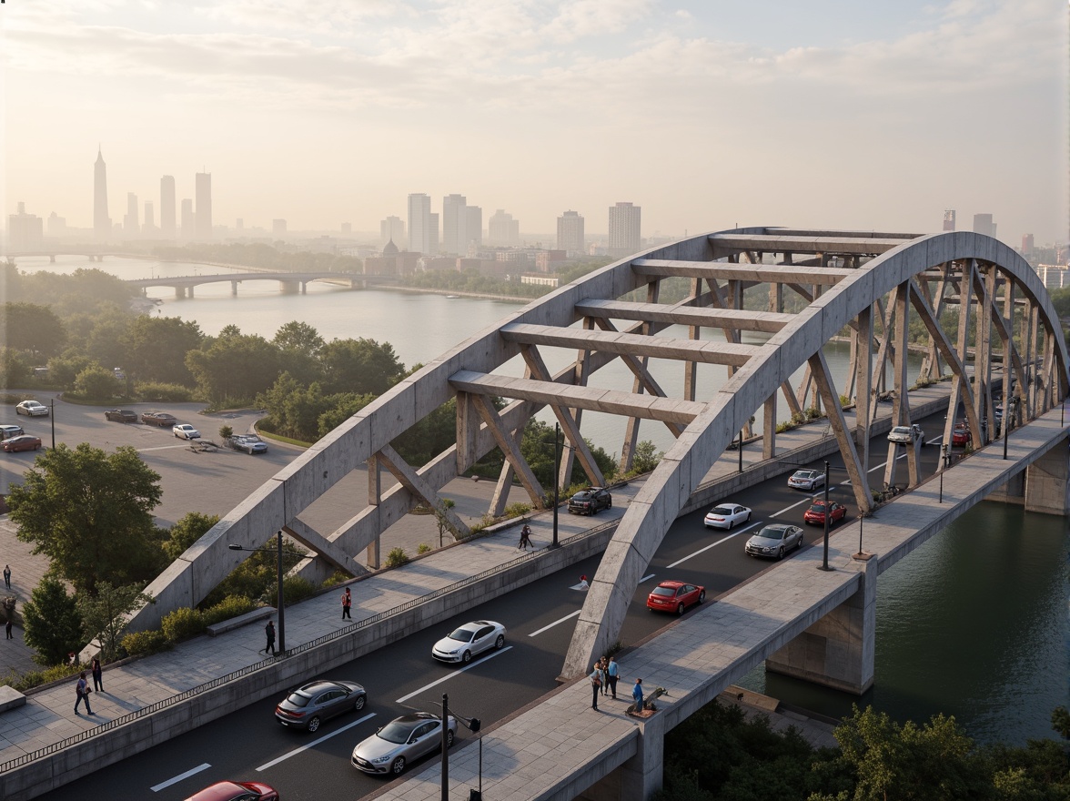 Prompt: Functional bridge structure, steel arches, suspended roadways, modern urban landscape, city skyline, busy traffic flow, morning rush hour, soft warm lighting, shallow depth of field, 3/4 composition, realistic textures, ambient occlusion, durable concrete materials, sturdy pillars, angular lines, minimalist design, innovative engineering solutions, safety railings, pedestrian walkways, cyclist paths, water reflection, misty atmosphere.