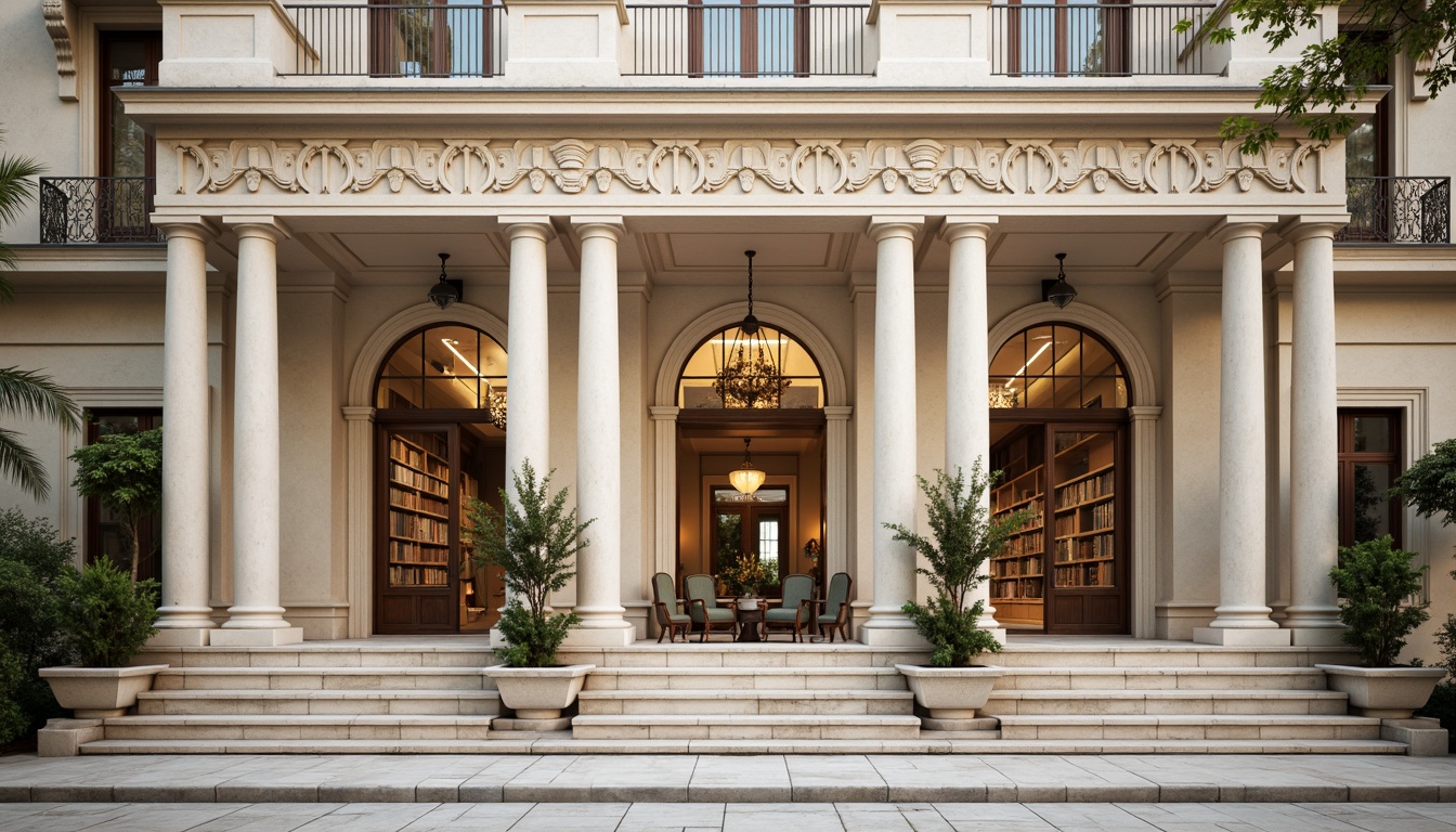 Prompt: Grand neoclassical library, ornate facade, ionic columns, carved stone decorations, symmetrical composition, rusticated base, grand entrance, arched windows, balconies with intricate metalwork, classical pediments, ornate cornices, creamy white marble, subtle warm lighting, shallow depth of field, 2/3 composition, realistic textures, ambient occlusion.