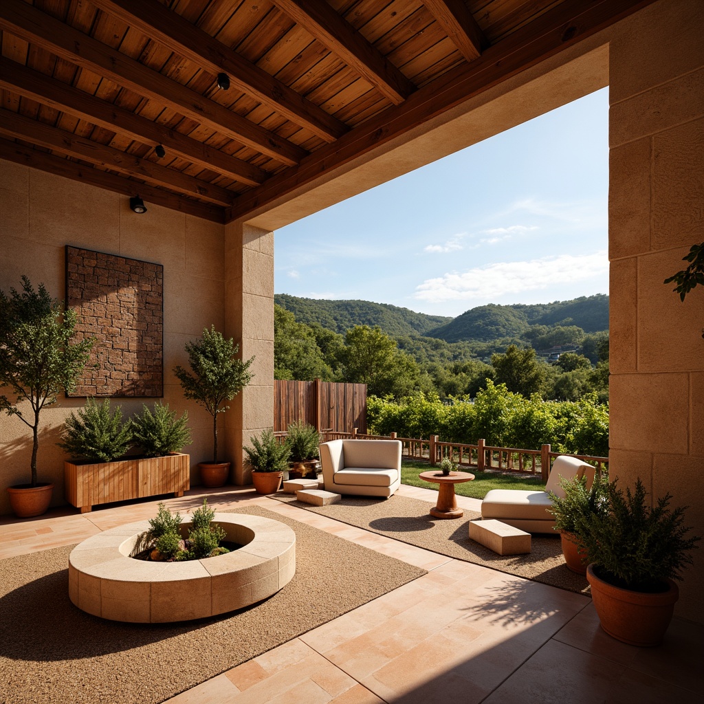 Prompt: Rustic winery, earthy tones, terracotta hues, rich wood accents, weathered stone walls, lush vineyards, rolling hills, sunny afternoon, warm golden lighting, soft focus, shallow depth of field, 1/1 composition, natural textures, ambient occlusion.