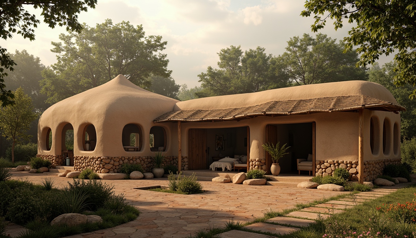 Prompt: Earthy mud hut, rustic exterior walls, natural textures, organic forms, earthy tones, rough stone foundations, wooden doorways, woven thatched roofs, lush greenery surroundings, misty morning atmosphere, soft warm lighting, shallow depth of field, 1/2 composition, realistic textures, ambient occlusion, subtle color grading.