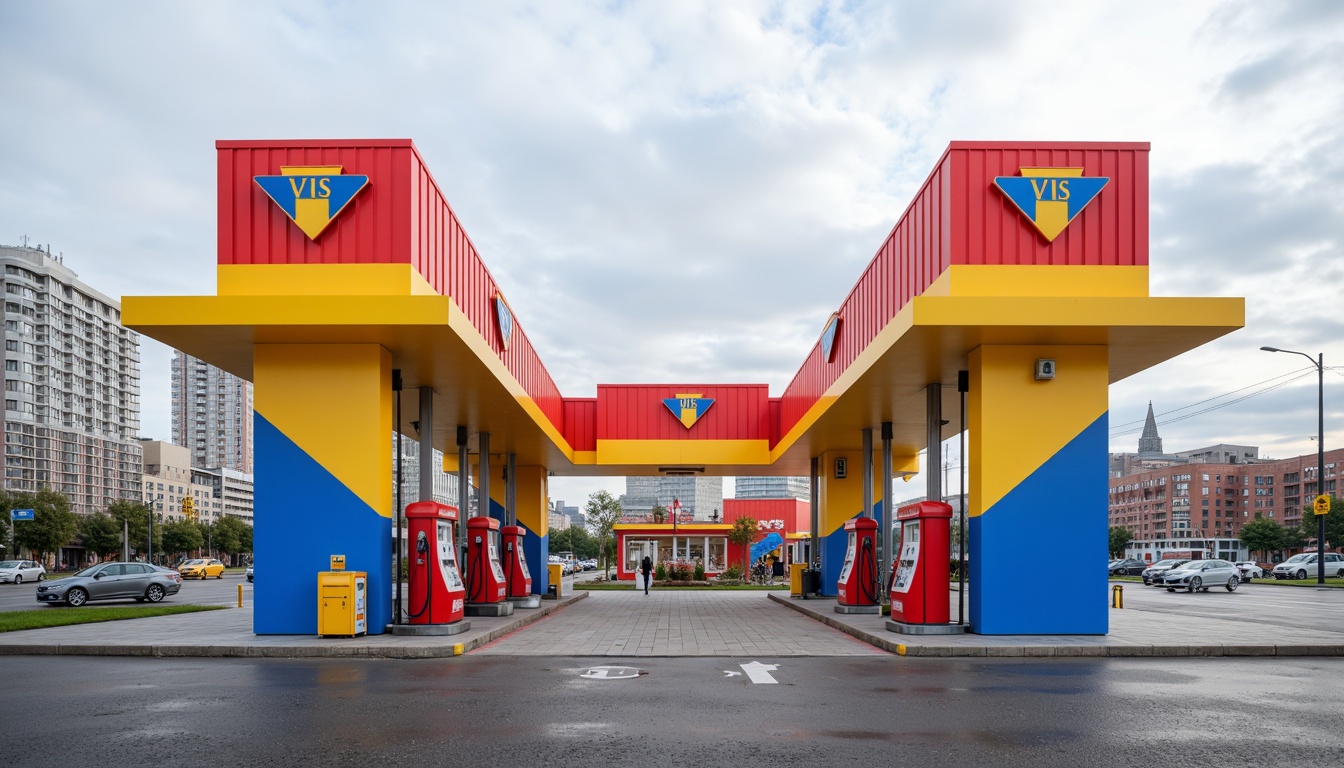 Prompt: Vibrant gas station, bold geometric shapes, primary color scheme, red pumps, yellow canopies, blue accents, industrial metal structures, functional typography, minimalist design, rectangular forms, clean lines, urban landscape, asphalt roads, cityscape background, cloudy sky, natural light, shallow depth of field, 1/1 composition, symmetrical framing, high-contrast colors, bold graphic elements.