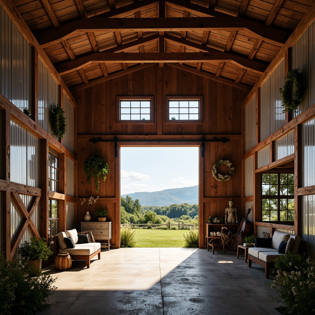 Prompt: Rustic barn, wooden beams, metal roofing, reclaimed wood accents, earthy tones, natural ventilation, open spaces, agricultural equipment, vintage decorations, distressed finishes, corrugated metal walls, sliding barn doors, country landscape, rolling hills, wildflowers, sunny afternoon, warm soft lighting, shallow depth of field, 2/3 composition, symmetrical framing, realistic textures, ambient occlusion.