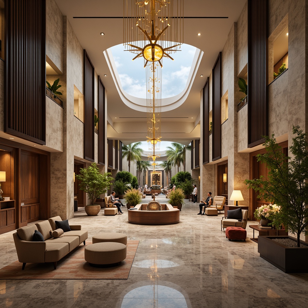 Prompt: Luxurious hotel lobby, sweeping curved lines, grand staircase, elegant chandeliers, polished marble floors, plush velvet sofas, ornate wooden accents, sophisticated neutral tones, warm golden lighting, shallow depth of field, 1/1 composition, soft focus effect, realistic reflections, ambient occlusion, lavish furnishings, intricate metalwork, fluid shapes, organic patterns, natural stone walls, tropical plants, airy atrium, panoramic view.