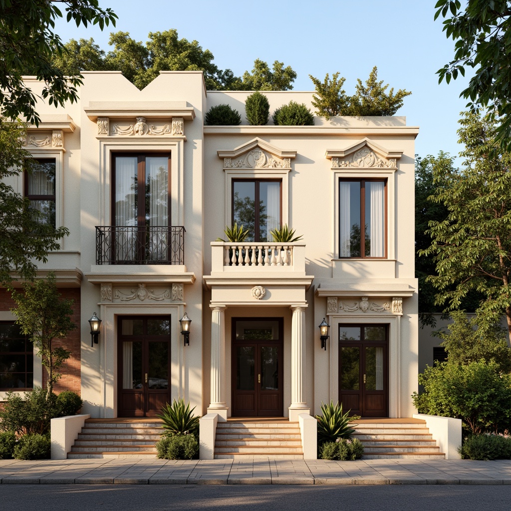 Prompt: Elegant residential facade, symmetrical composition, ornate classical details, grand entranceways, ionic columns, carved stone walls, soft creamy stucco, warm beige tones, subtle texture variations, refined moldings, decorative cornices, dignified rooflines, serene urban setting, lush greenery, mature trees, sunny afternoon, soft warm lighting, shallow depth of field, 1/2 composition, realistic textures, ambient occlusion.