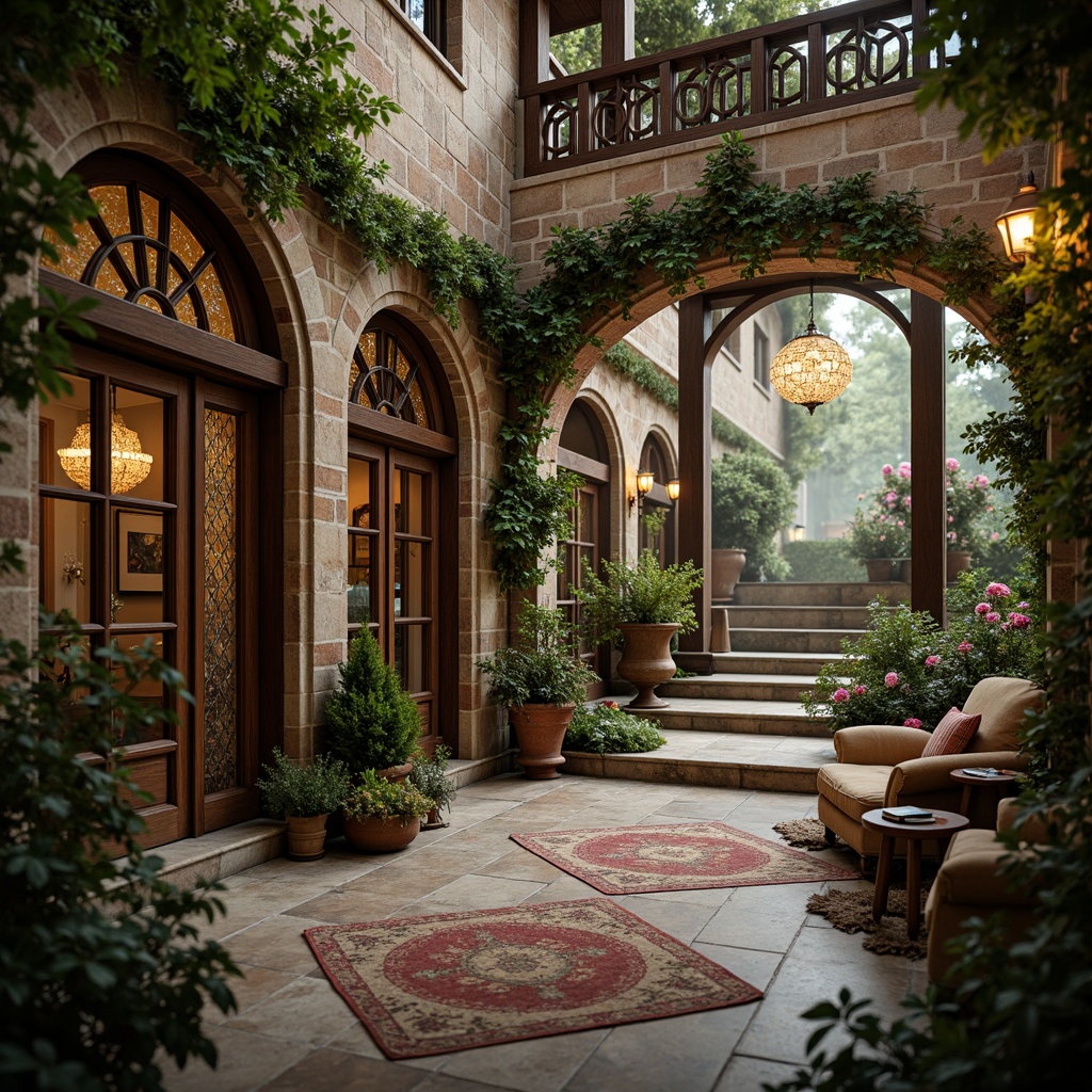 Prompt: Whimsical mansion, ornate stonework, rustic brick facades, curved wooden doors, stained glass windows, delicate iron railings, lush green ivy, soft warm lighting, misty morning atmosphere, natural stone flooring, distressed wood accents, velvet drapes, intricate plasterwork, grand chandeliers, ornate mirrors, lavish furnishings, romantic gardens, winding pathways, blooming roses, serene water features, shallow depth of field, 1/2 composition, warm color palette.