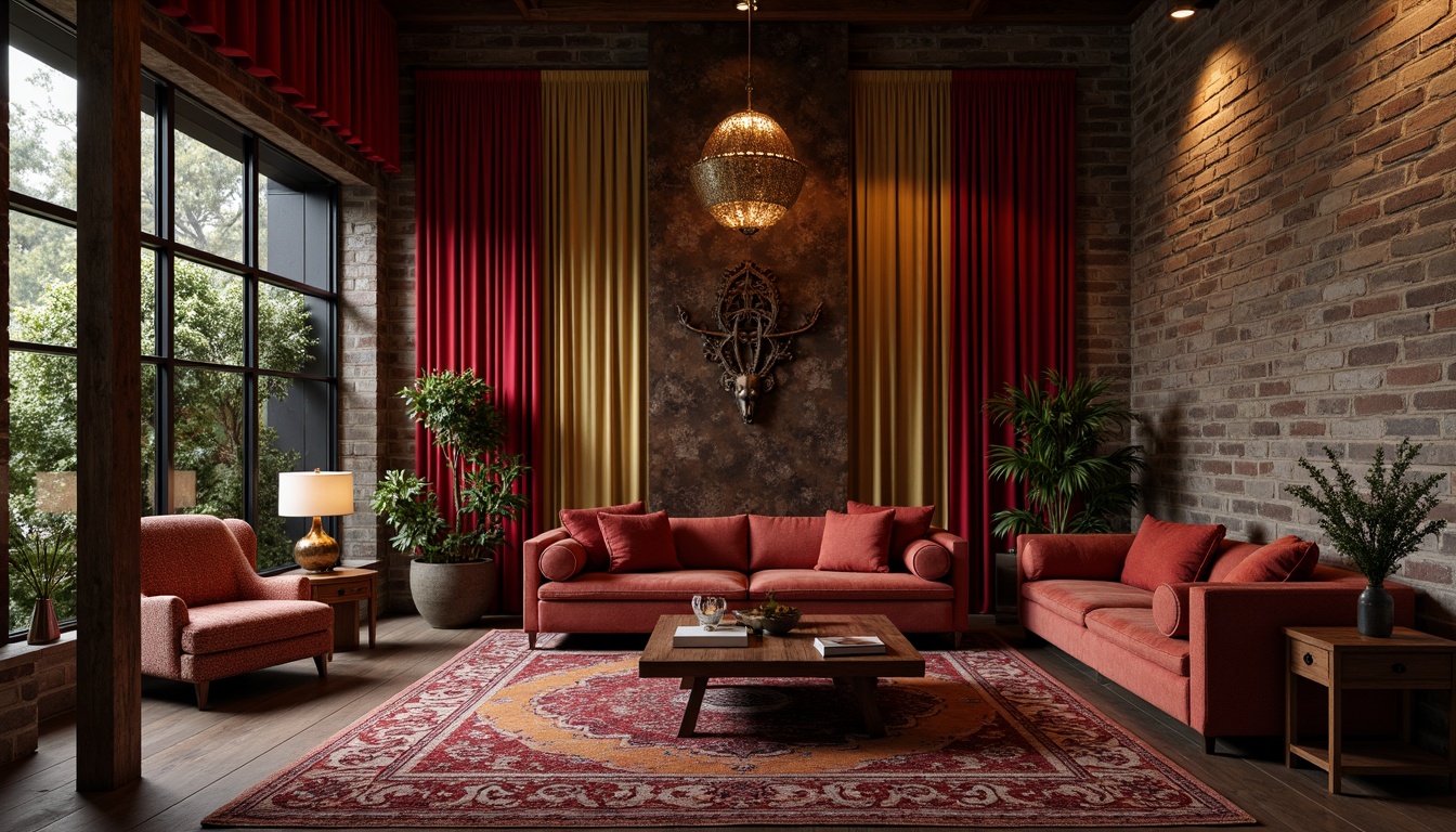 Prompt: Rich velvet fabrics, ornate wooden carvings, distressed metal accents, reclaimed stone walls, eclectic furniture pieces, bold color blocking, luxurious satin drapes, rugged brick textures, metallic sheen, soft candlelight, warm atmospheric glow, 1/1 composition, shallow depth of field, realistic reflections, ambient occlusion.