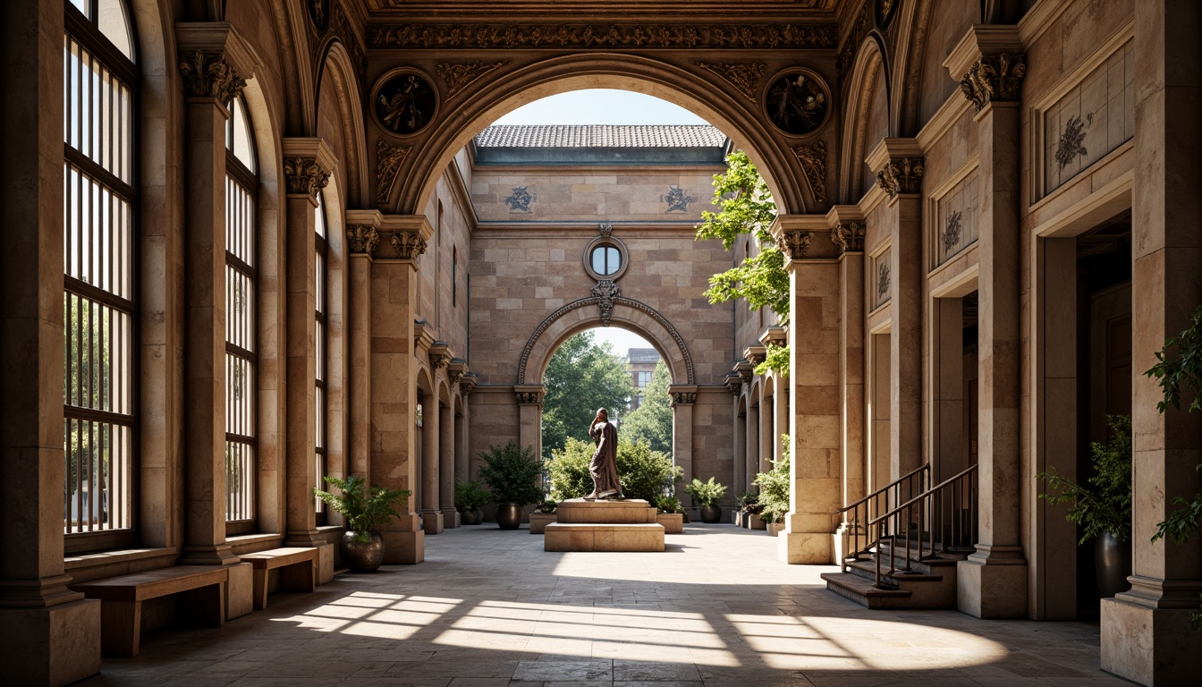 Prompt: Grand museum entrance, Romanesque arches, ornate stone carvings, stained glass windows, intricate mosaics, rusticated stone walls, classical columns, ornamental capitals, weathered copper roofing, aged brick facades, grandiose staircases, majestic atriums, high ceilings, natural stone flooring, warm ambient lighting, dramatic shadows, 1/2 composition, symmetrical framing, realistic textures, subtle color grading.