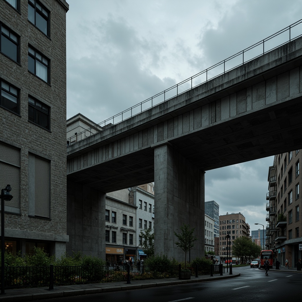 Prompt: Rugged brutalist bridge, exposed concrete texture, rough-hewn stone walls, weathered steel beams, industrial-style railings, urban cityscape, gloomy overcast sky, dramatic shadows, low-key lighting, cinematic composition, high-contrast tone mapping, detailed 3D model, realistic material properties, ambient occlusion.