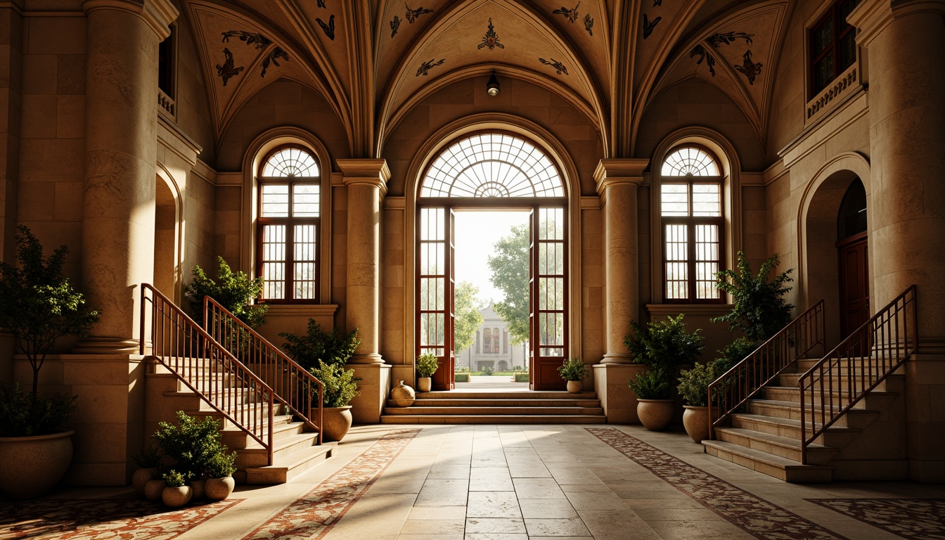 Prompt: Grand museum entrance, Romanesque archways, ornate carvings, rustic stone walls, vaulted ceilings, large stained glass windows, intricate mosaic floors, grand staircases, ornamental railings, classic columns, warm golden lighting, soft shadows, 1/2 composition, low-angle view, realistic textures, ambient occlusion.