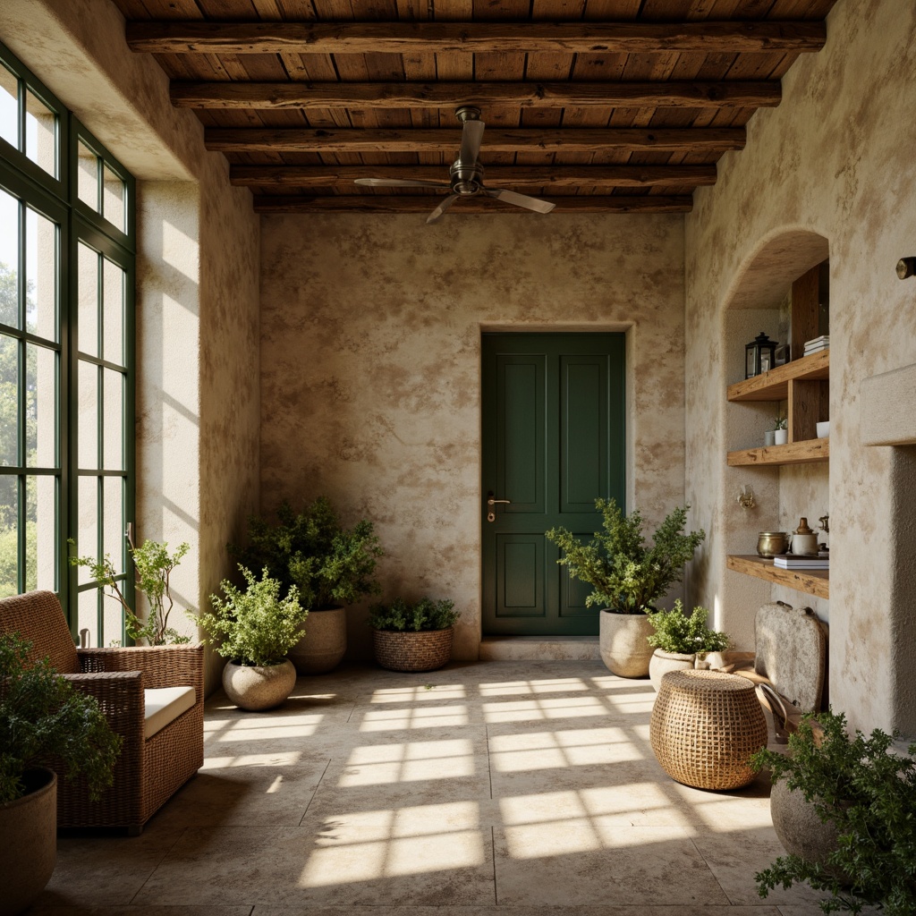 Prompt: Earthy olive tones, muted sage greens, weathered wooden accents, natural linen textures, warm beige stone walls, rustic metal fixtures, vintage distressed finishes, soft golden lighting, shallow depth of field, 1/2 composition, realistic atmospheric effects, ambient occlusion.