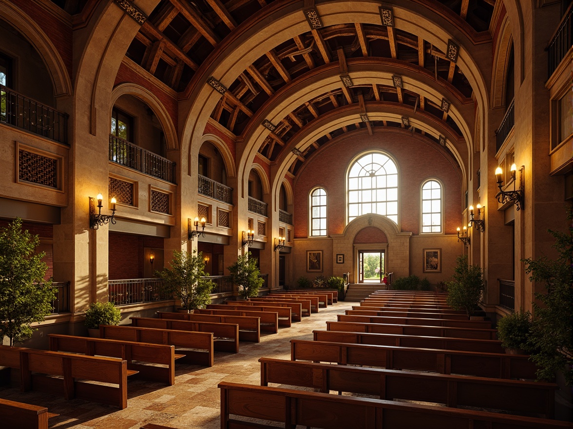 Prompt: Grand auditorium, Romanesque arches, ornate carvings, vaulted ceilings, intricate stonework, rustic brick walls, warm golden lighting, soft shadows, curved seating areas, wooden benches, polished marble floors, majestic entranceways, dramatic staircases, ornamental railings, classical columns, subtle texture details, atmospheric ambiance, cinematic composition, 1/1 aspect ratio, natural color palette.