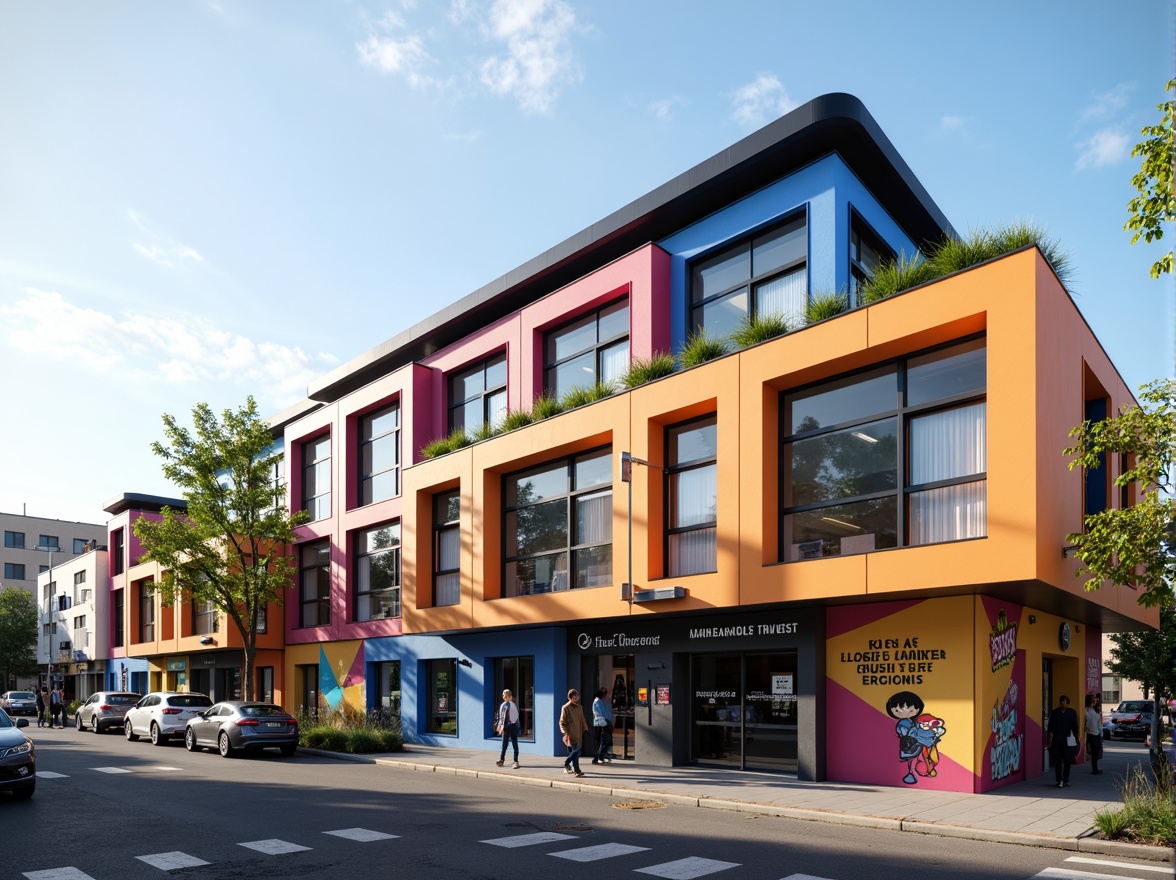 Prompt: Vibrant school facade, bold color blocking, geometric patterns, dynamic shapes, futuristic accents, cantilevered roofs, oversized windows, natural light infiltration, educational graphics, inspirational quotes, playful typography, urban landscape, busy streetscape, morning sunlight, shallow depth of field, 1/2 composition, symmetrical framing, realistic textures, ambient occlusion.